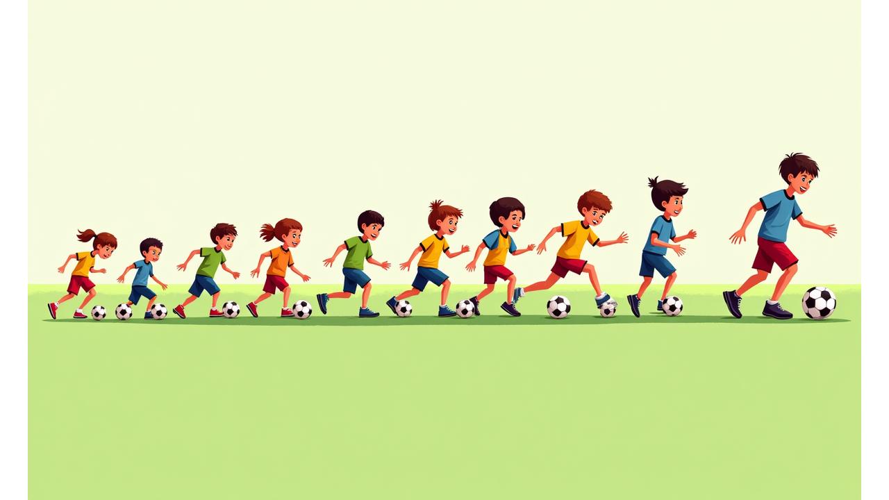 Linha do tempo visual de atletas de diferentes idades a progredir no futebol